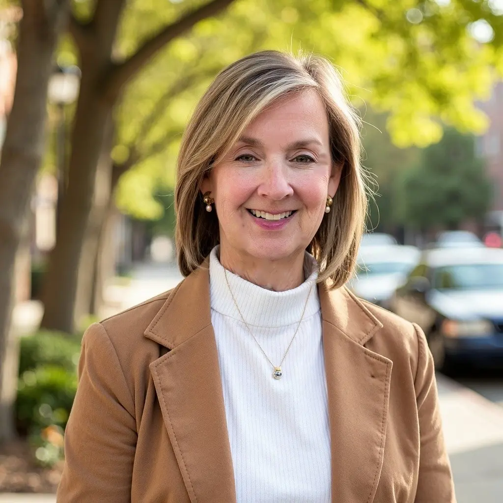 Smiling woman in a brown jacket outdoors with greenery in the background.